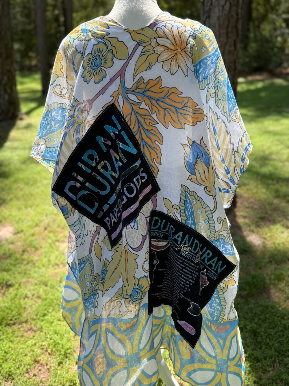 Upcycled Duran Duran Floral-Print Lightweight Kimono Top - Yellow & Blue